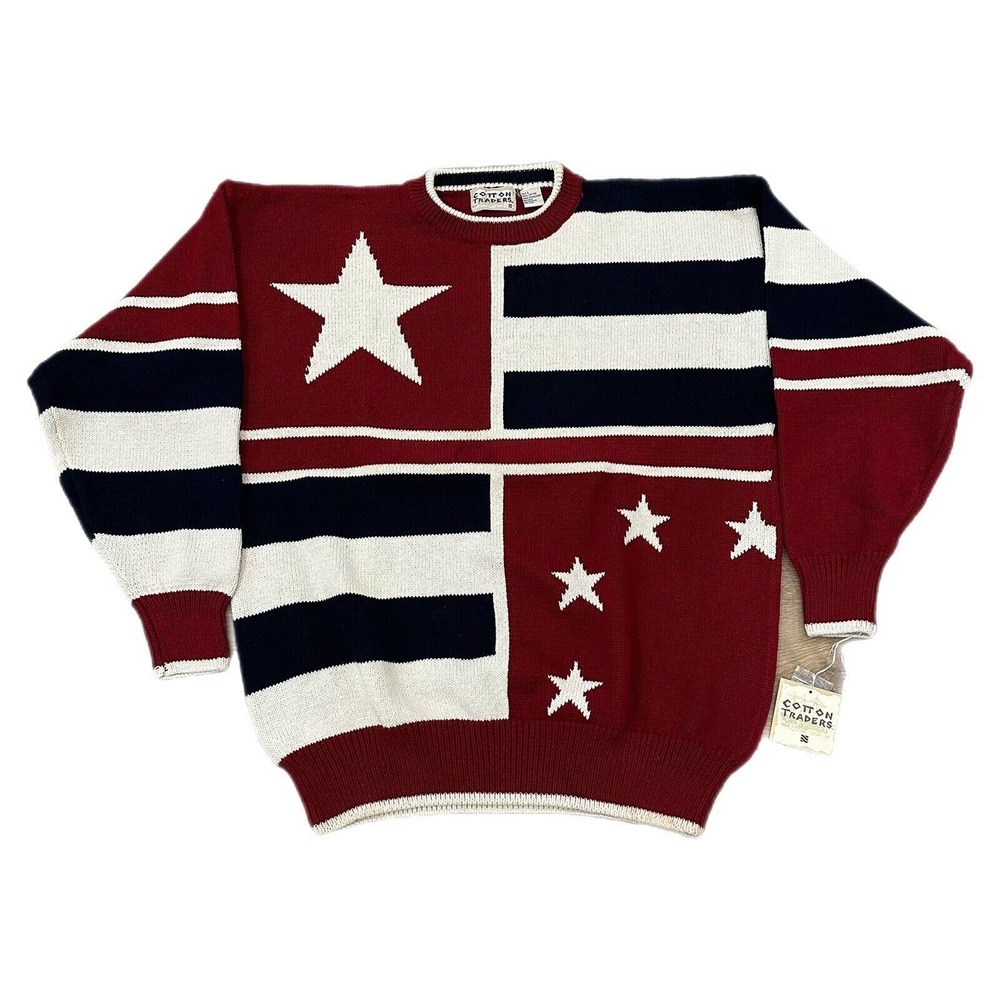 Cotton Traders Sweater Mens L Stars Bars USA America Vintage Knit Crewneck 90s